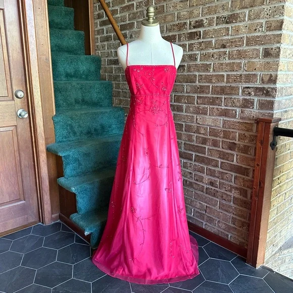 Blondie Nites Dresses Vtg Y2k 9s Hot Pink W Mesh Floral Beaded